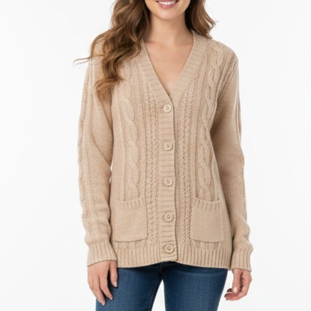 Aviva Premium Tan Cable Knit Cardigan V-Neck Button Front - Size Medium